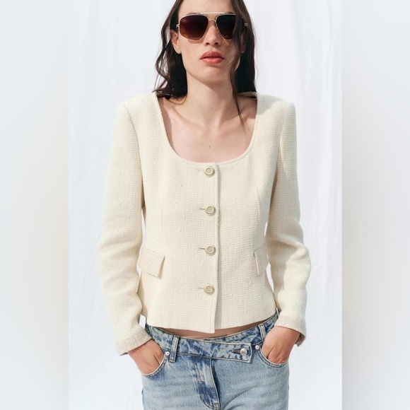 ZARA ROUND NECK TEXTURED BLAZER SIZE L - Picture 6 of 13